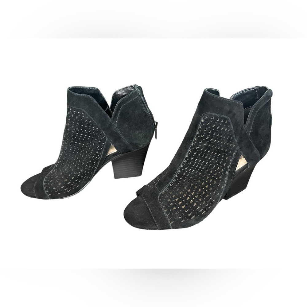 Vince Camuto Black Suede Laser-Cut Peep-Toe Booties with Block Heel